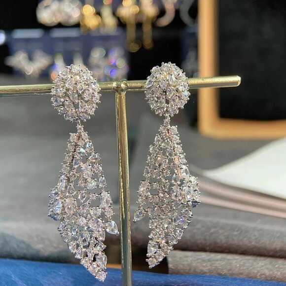 Jewelry - Silver Plated CZ Geometric Long Dangle Drop Earrings for Brides Wedding Costume